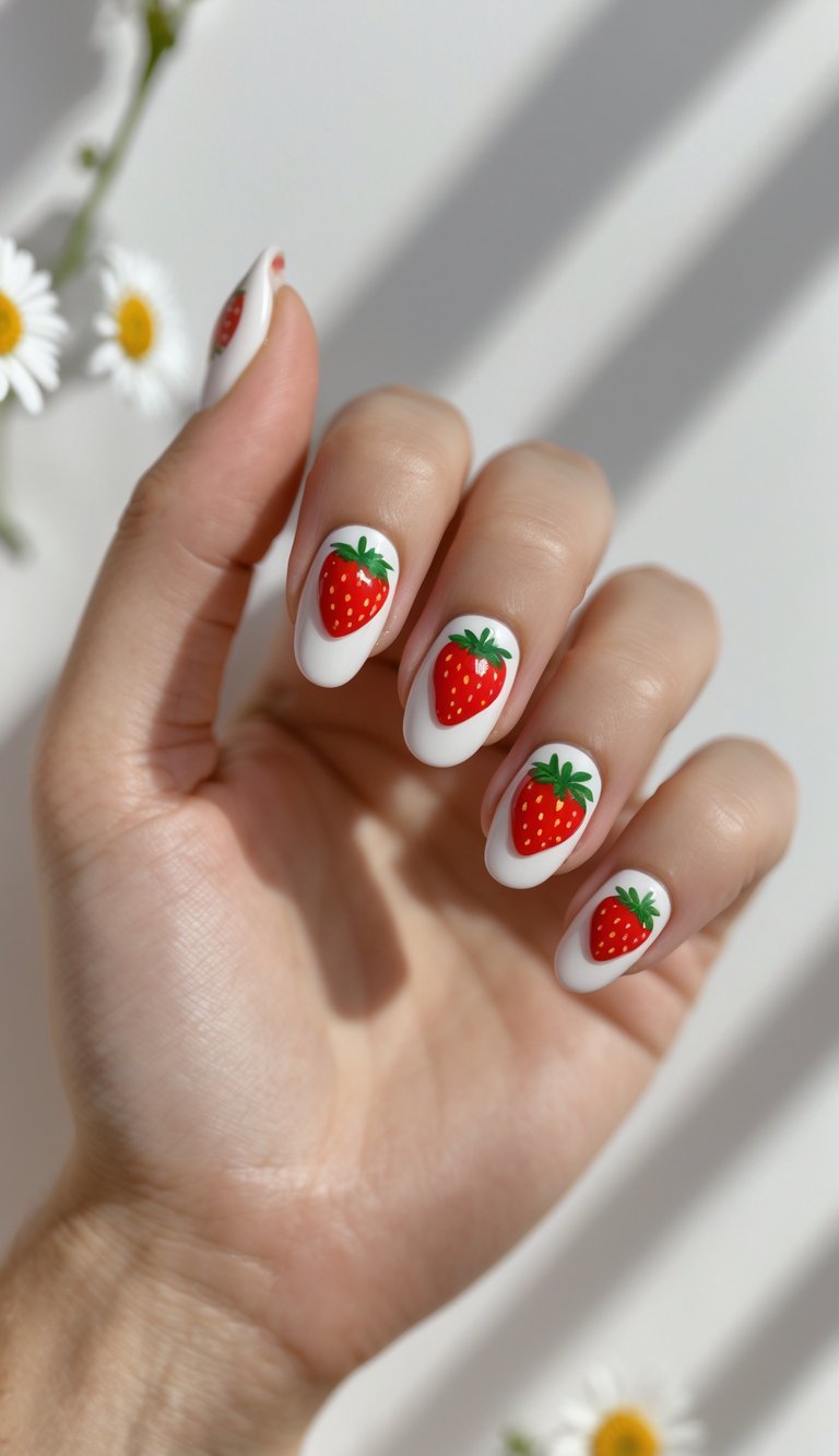 Close-up of one hand with nails painted with small strawberry and daisy designs on a white background.