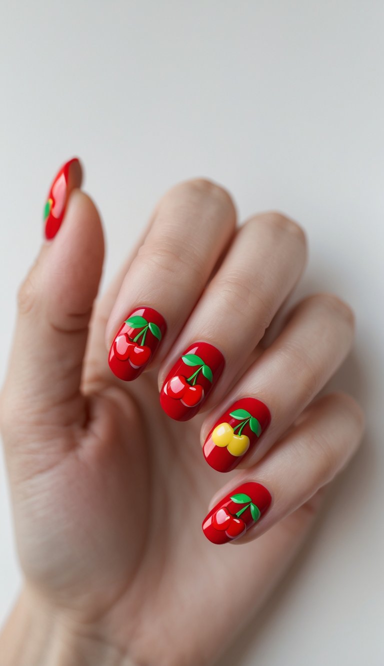 Close-up of one hand with glossy red nails decorated with small cherry designs on a white background.