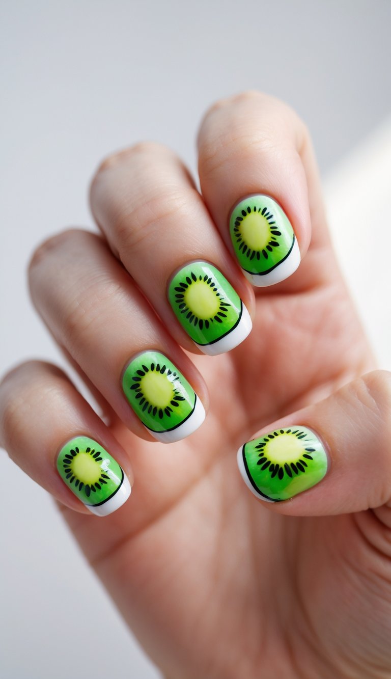 Close-up of one hand with nails painted in detailed kiwi fruit designs against a white background.