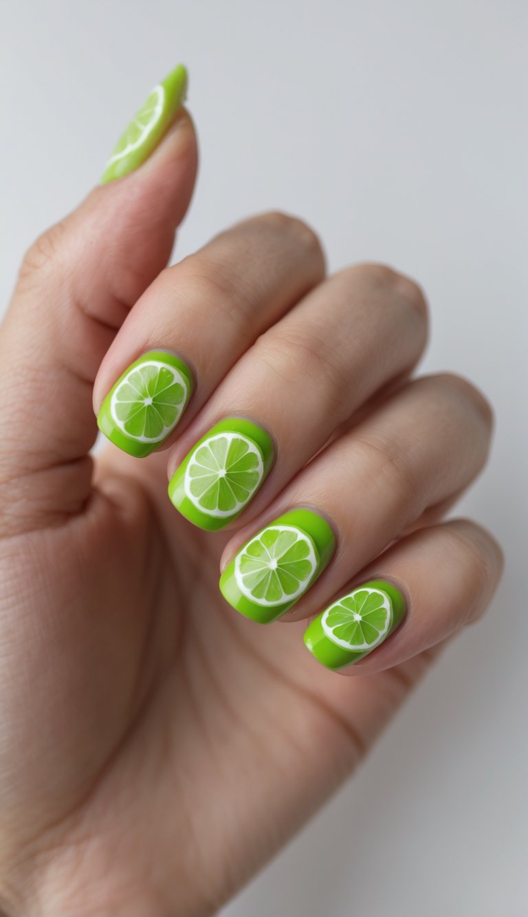 Close-up of one hand showing nails painted with lime green slice fruit designs on a white background.