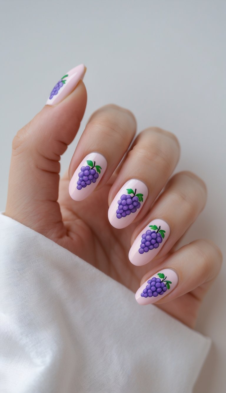 Close-up of one hand with nails painted in pastel colors decorated with small grape cluster designs on a white background.
