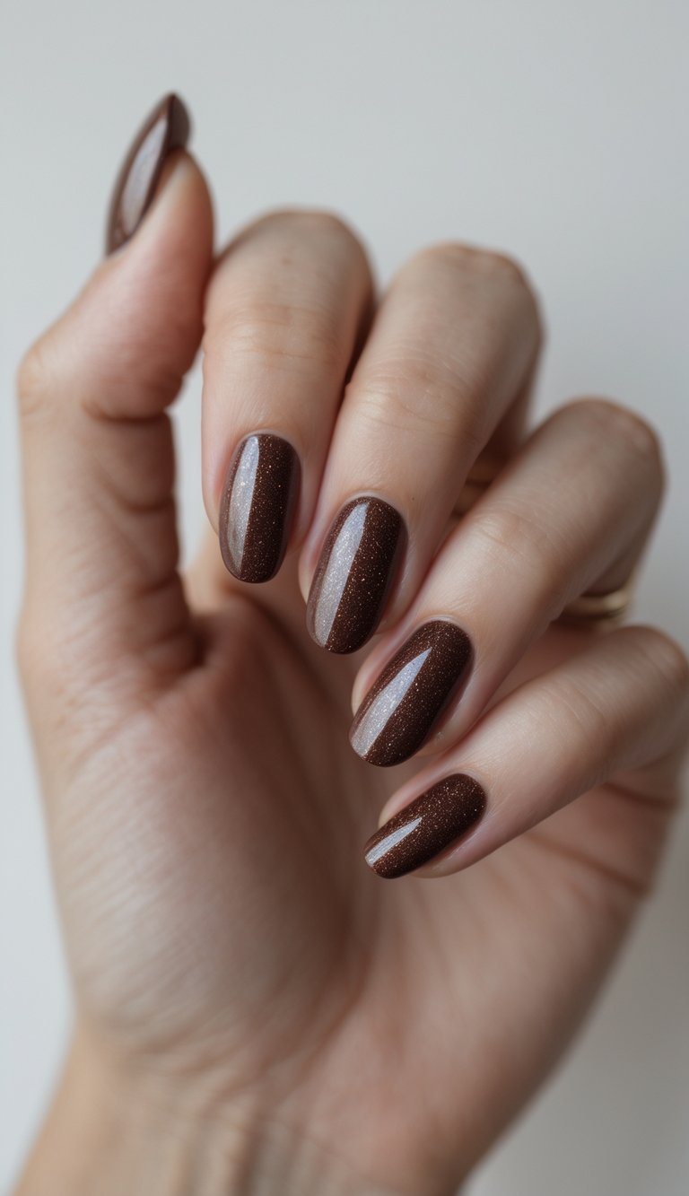 Close-up of one hand showing dark brown shimmer nails with detailed nail art against a white background.