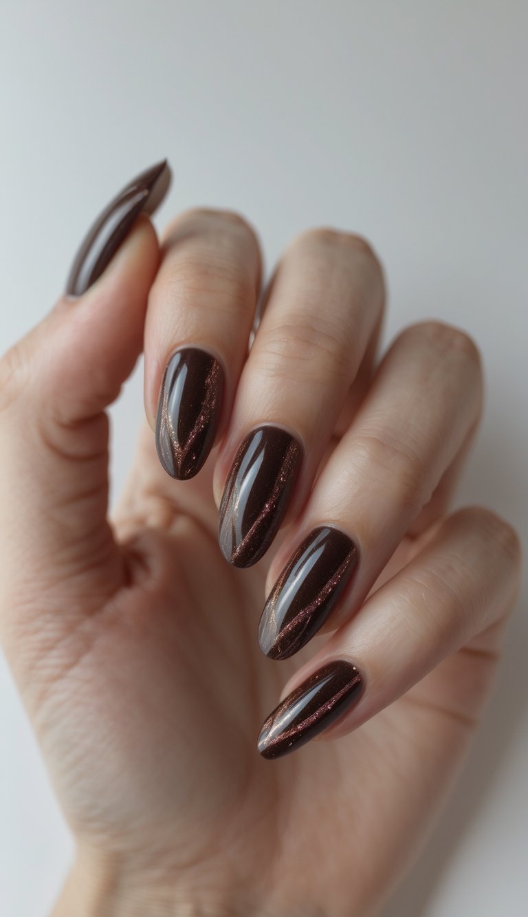 Close-up of one hand with dark brown glossy nails featuring holographic highlights against a white background.