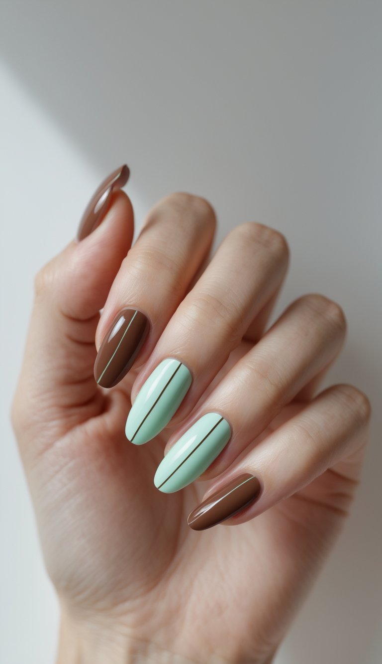 Close-up of one hand with chocolate brown nails decorated with thin mint green stripes against a white background.