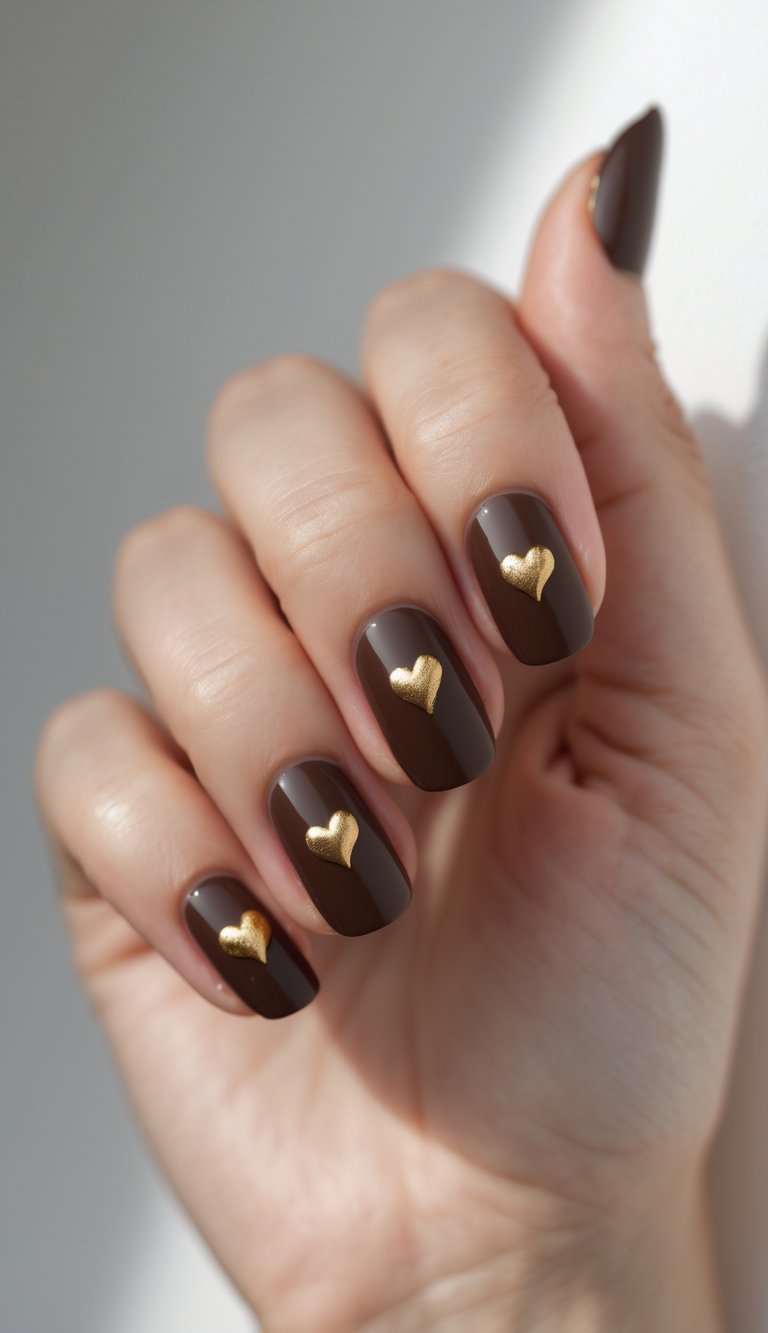Close-up of one hand with chocolate brown nails decorated with small metallic gold hearts against a white background.