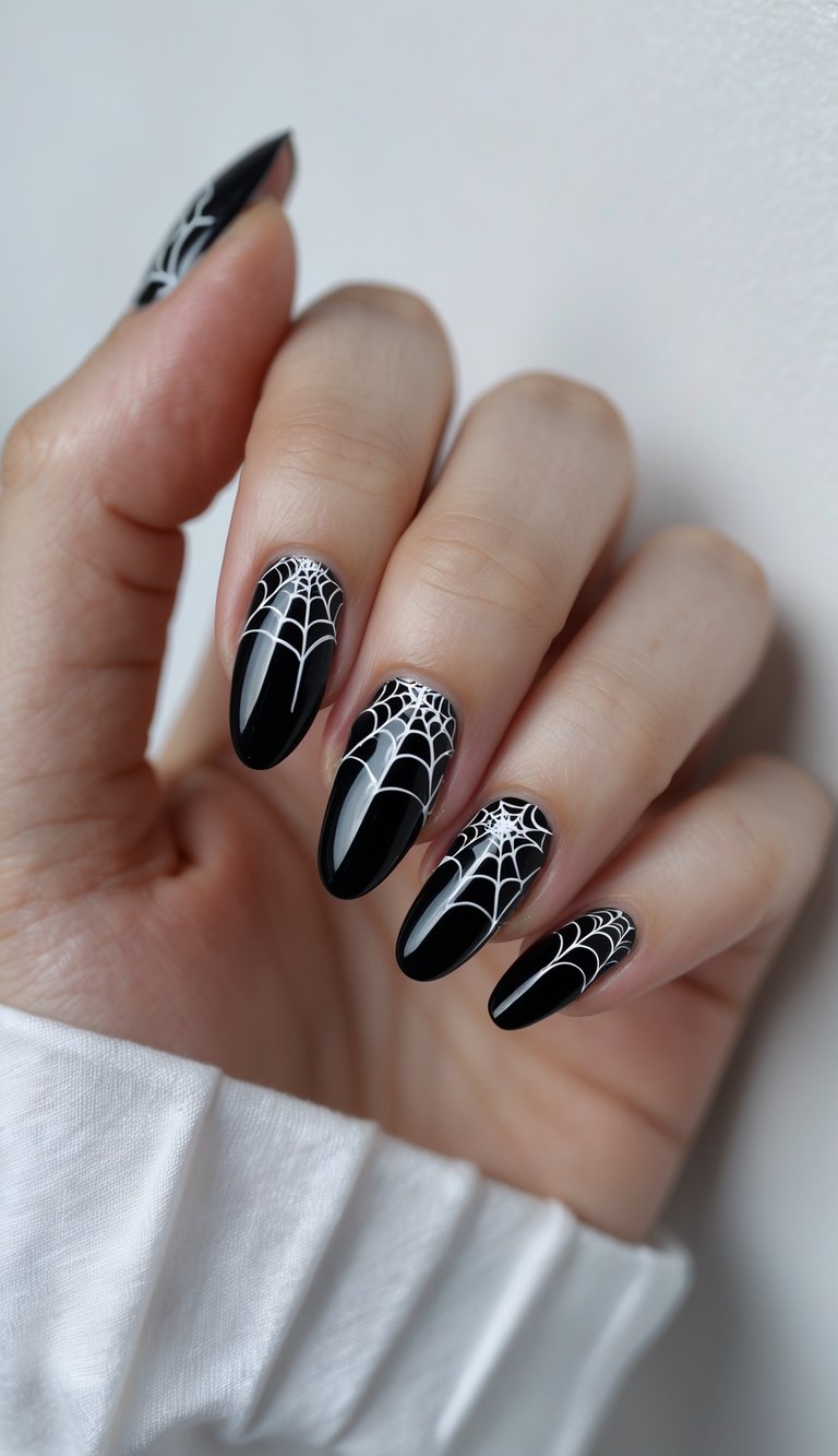 Close-up of one hand with glossy black nails featuring spiderweb designs on a white background.