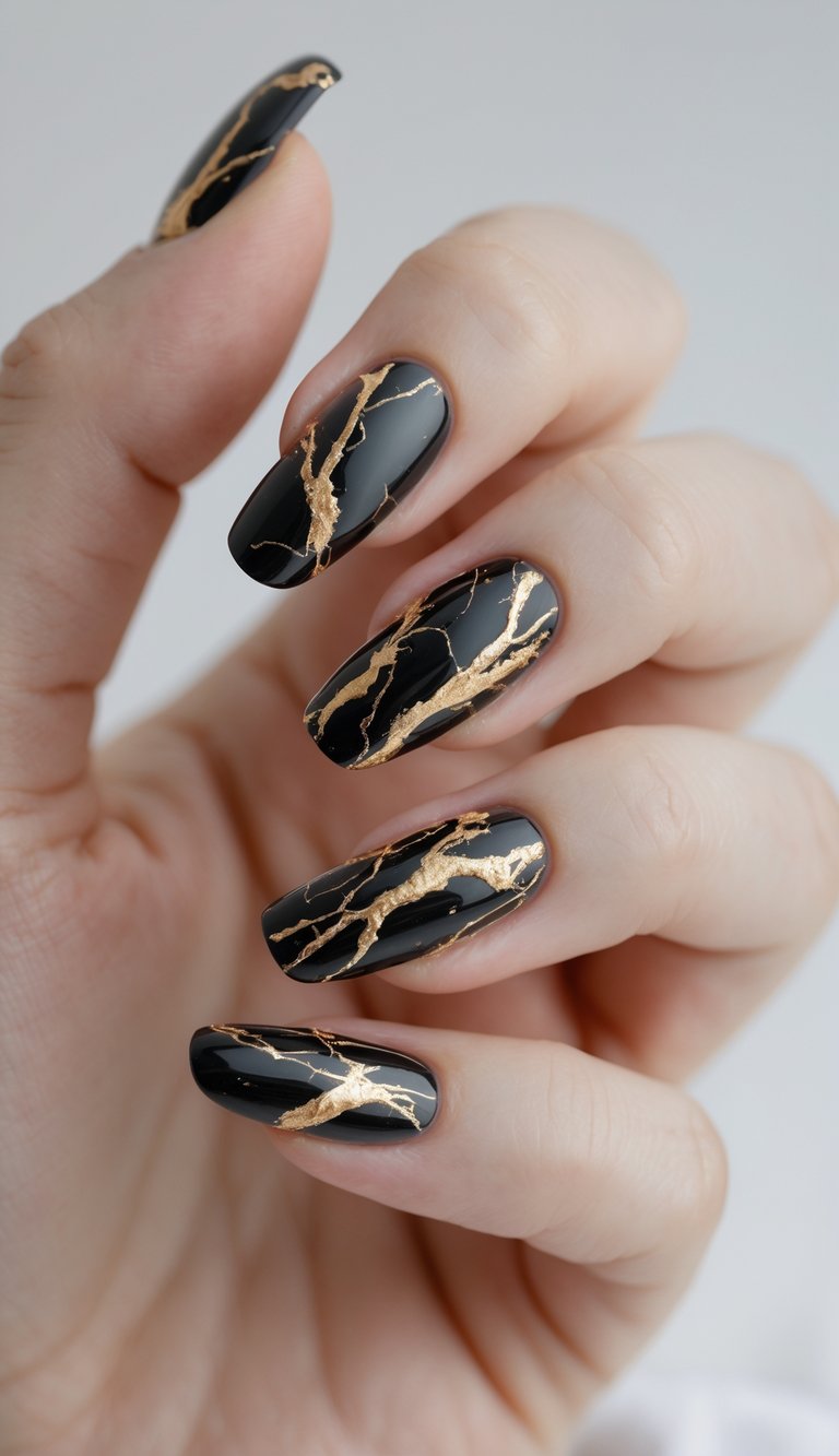 Close-up of one hand with black marble nails accented by gold veins against a white background.