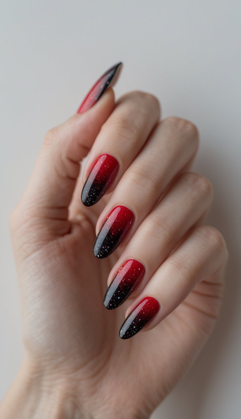 Close-up of one hand with red to black gradient nails with glitter on a white background.