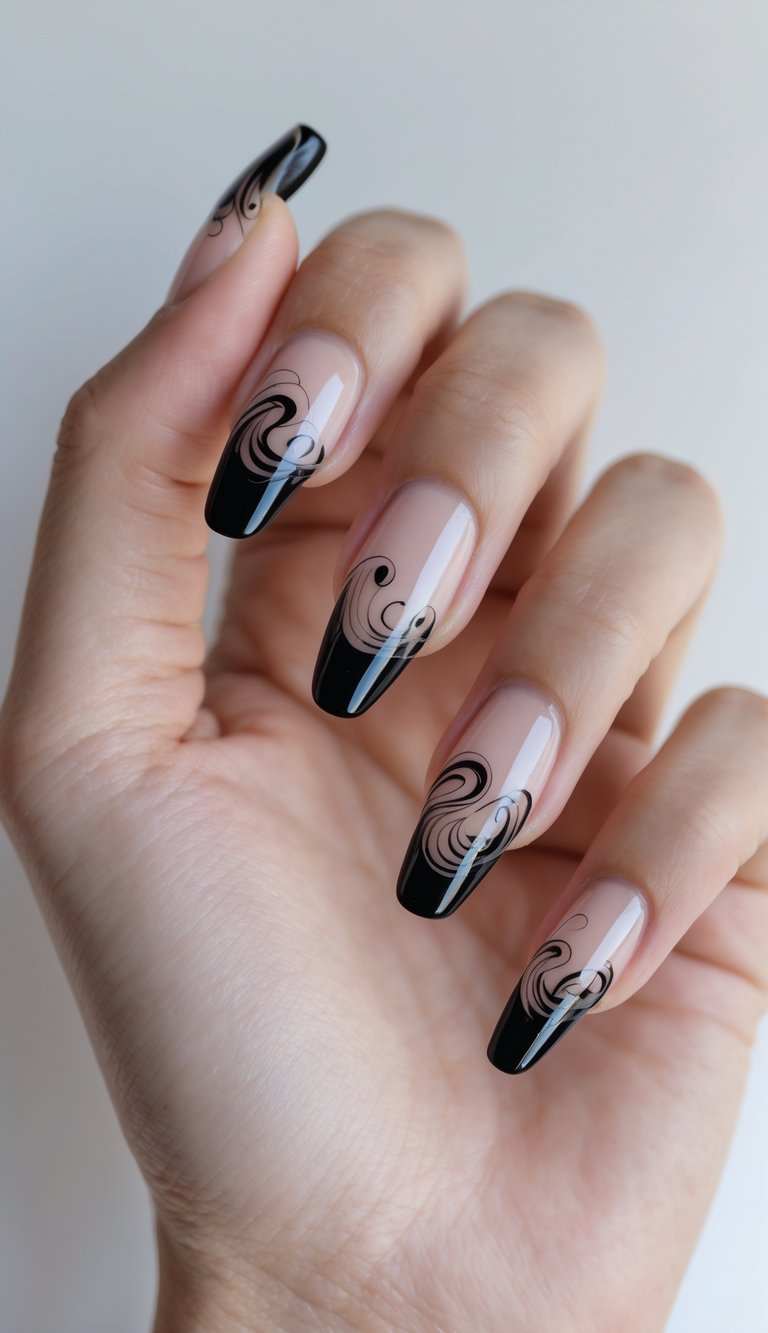Close-up of one hand with transparent black tip nails featuring swirling smoke designs on a white background.