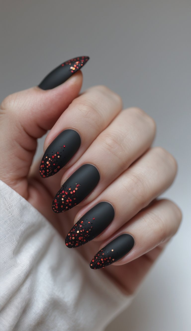 Close-up of a hand with matte black nails decorated with small red glitter dots against a white background.