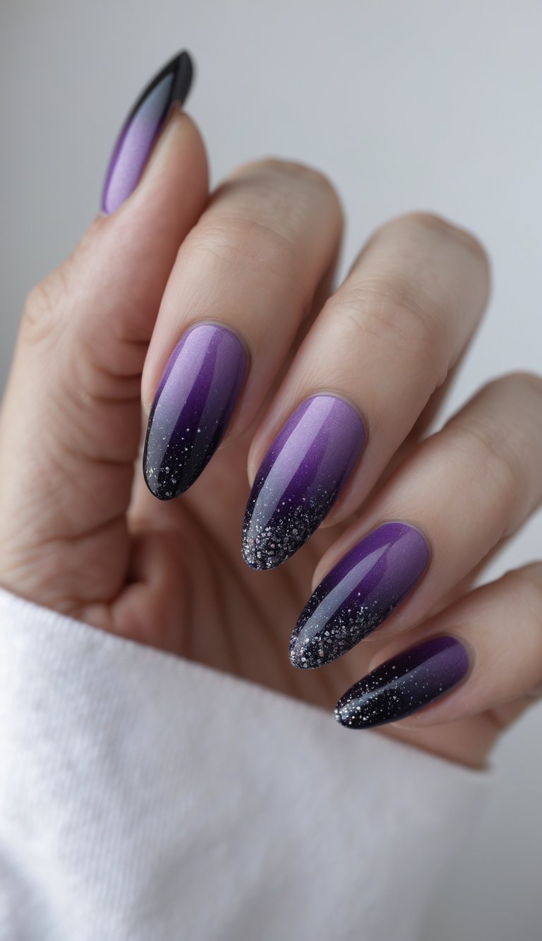 Close-up of one hand with black to deep purple ombre nails and glitter tips against a white background.