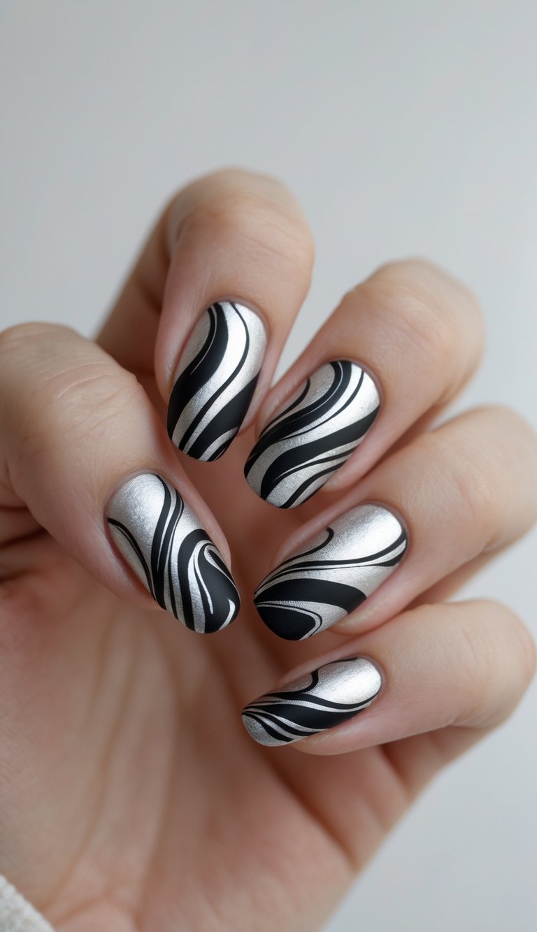 Close-up of one hand with black and silver swirl nail art against a white background.