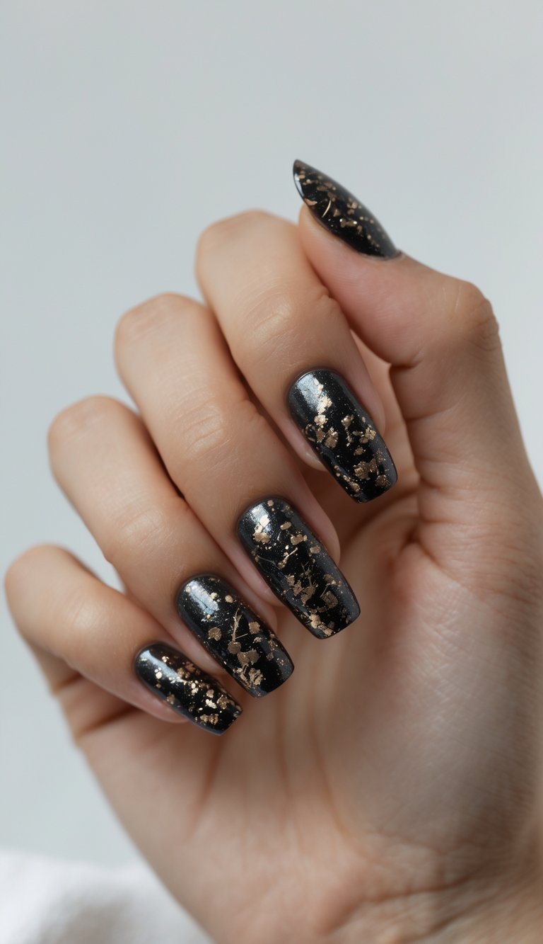 Close-up of one hand with dark nails featuring metallic flecks against a white background.