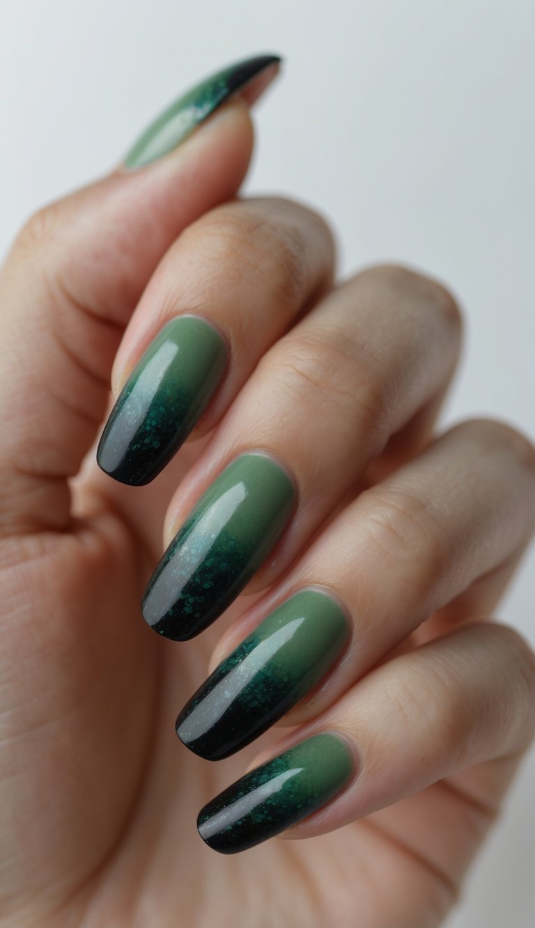 Close-up of one hand showing nails painted with a green to black gradient design against a white background.