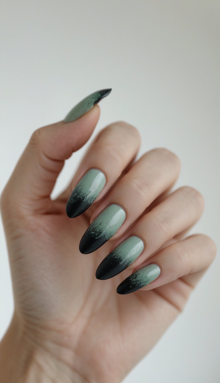 Close-up of a single hand with manicured nails featuring a green to black gradient design against a white background.
