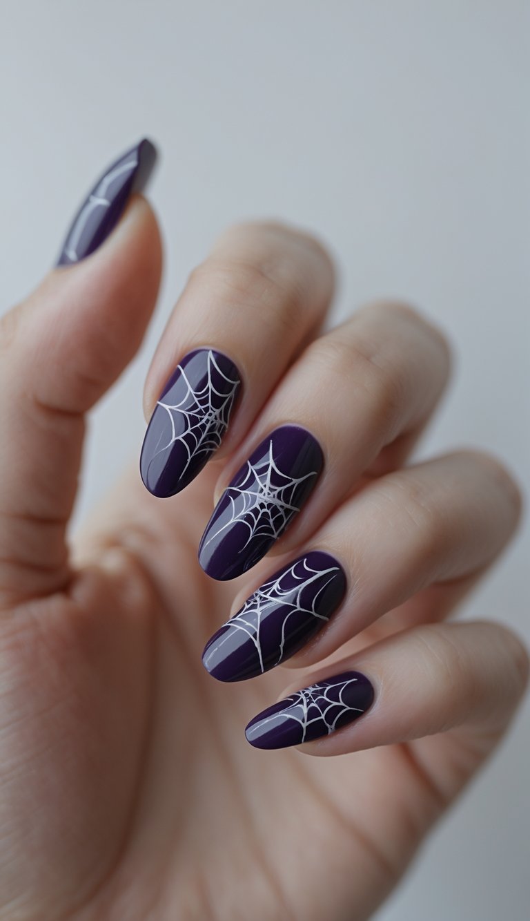 Close-up of one hand with dark violet nails featuring delicate cobweb patterns on a white background.