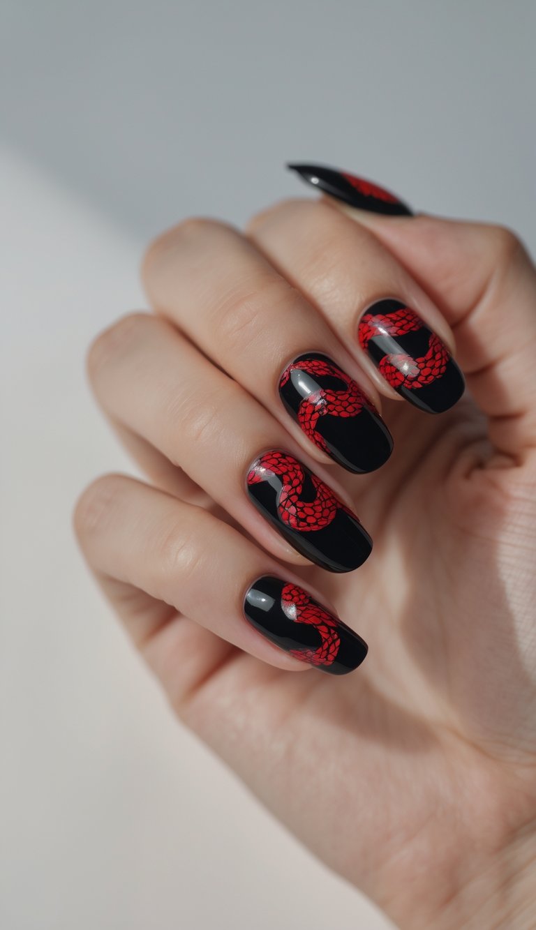 Close-up of one hand with black nails decorated with red snake design on a white background.
