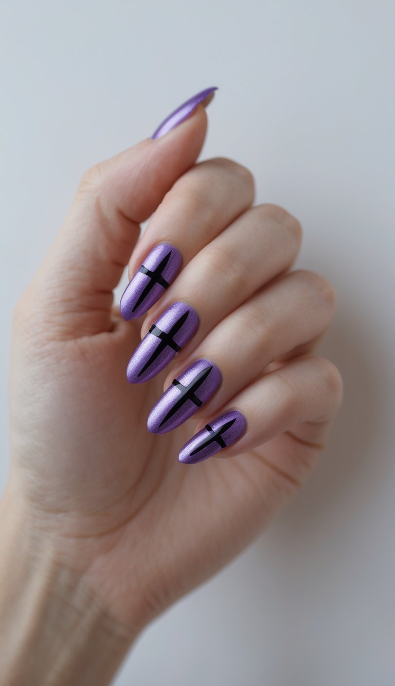 Close-up of a single hand with metallic purple nails featuring sharp black cross designs against a white background.
