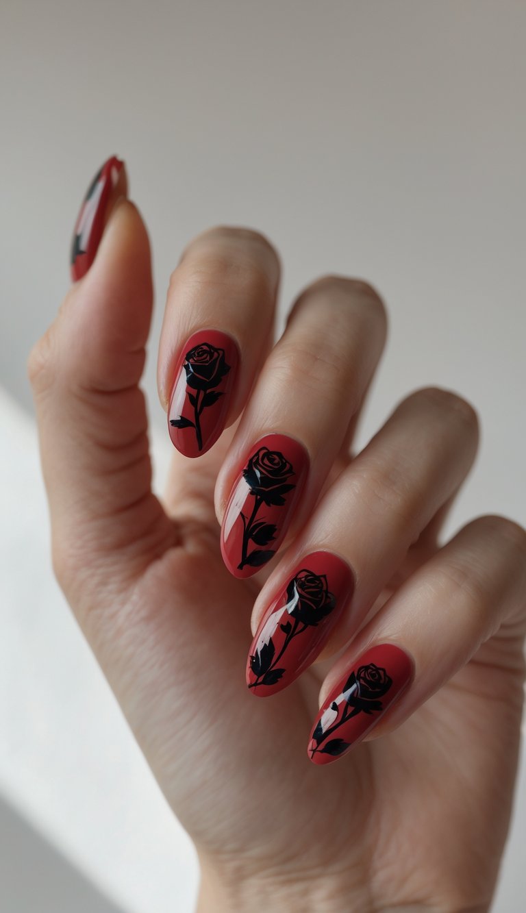 Close-up of a hand with red nails decorated with small black rose designs on a white background.