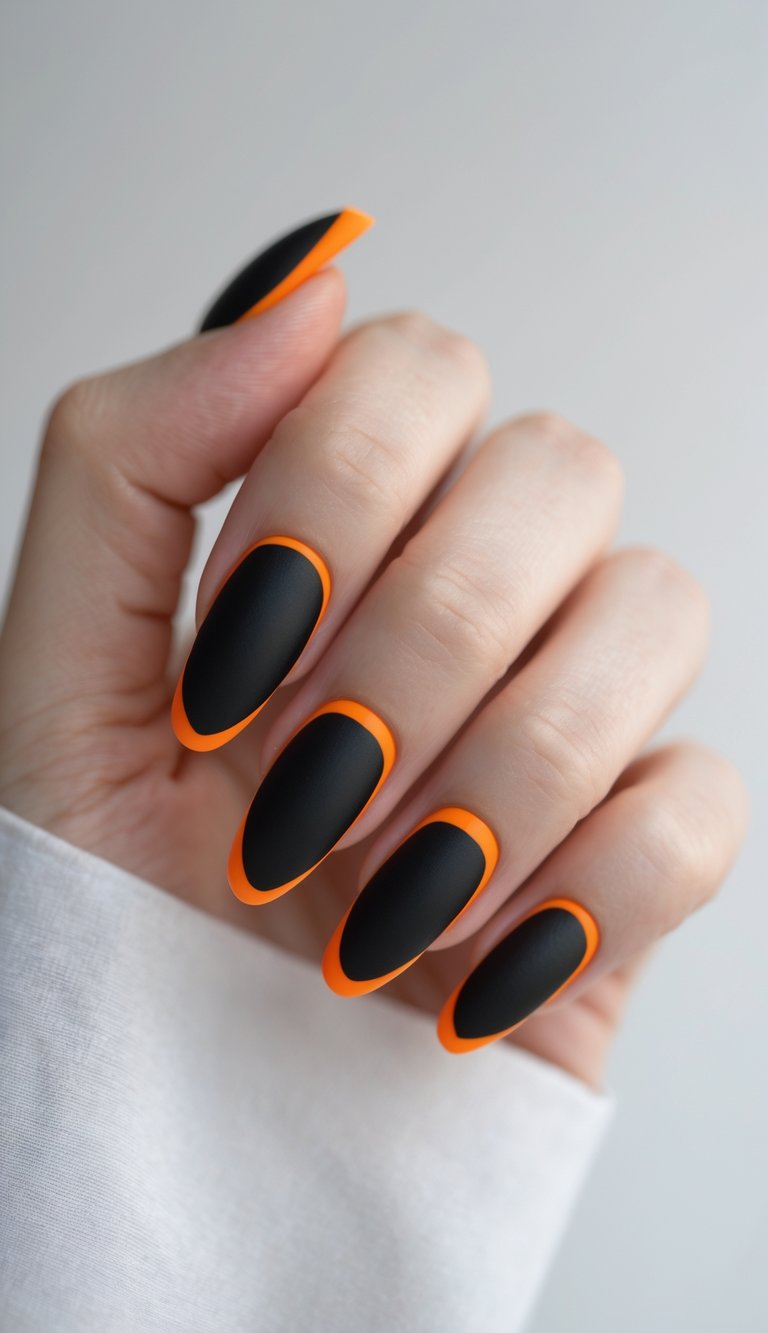 Close-up of one hand with black matte nails and orange tips against a white background.