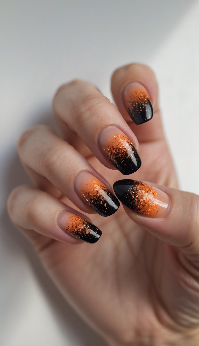 Close-up of one hand with black nails fading into orange glitter on a white background.