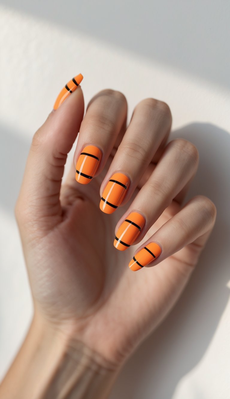 Close-up of one hand with orange nails decorated with thin black horizontal lines against a white background.