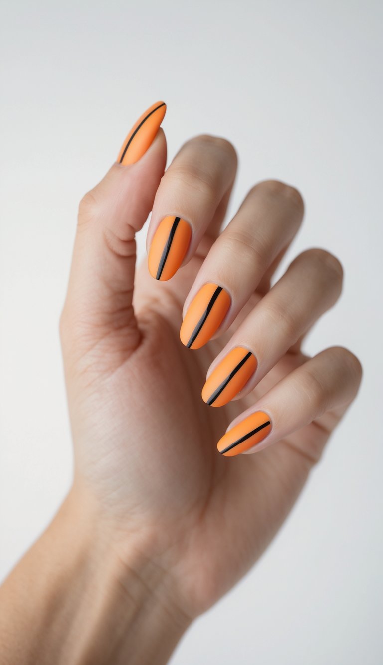 Close-up of one hand with orange nails featuring black striped patterns against a white background.
