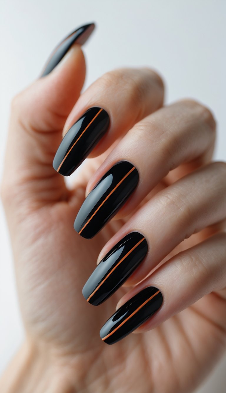 Close-up of one hand with glossy black nails featuring thin orange lines against a white background.