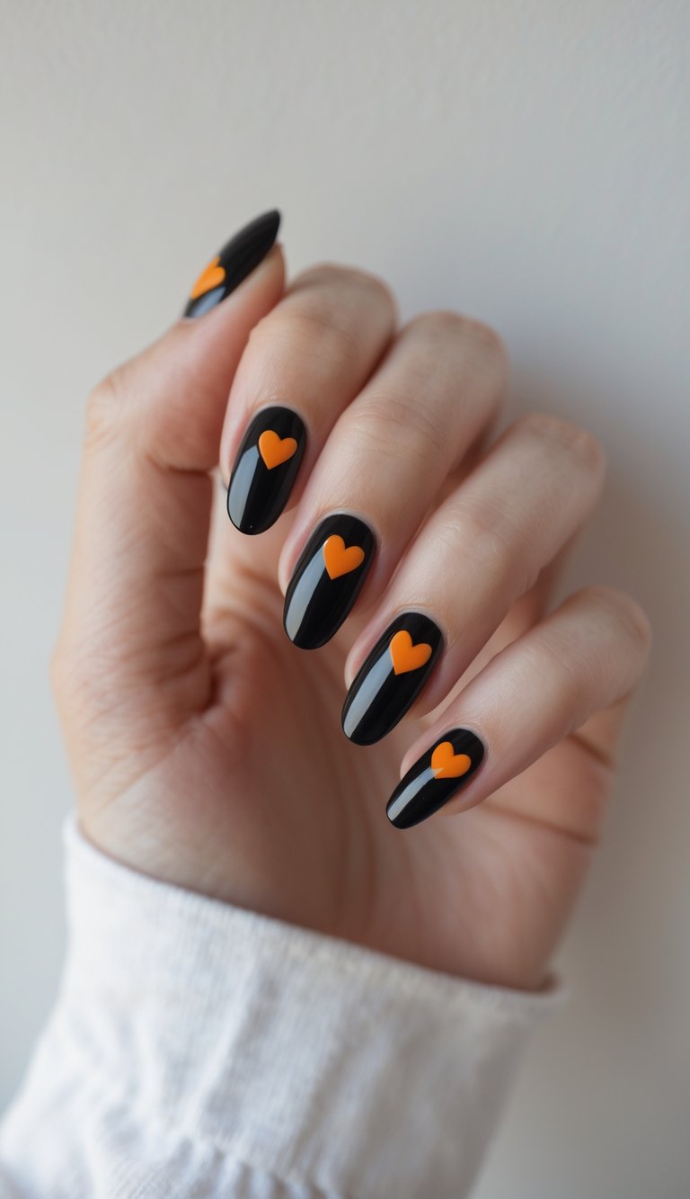 Close-up of one hand with black nails decorated with small orange hearts on a white background.