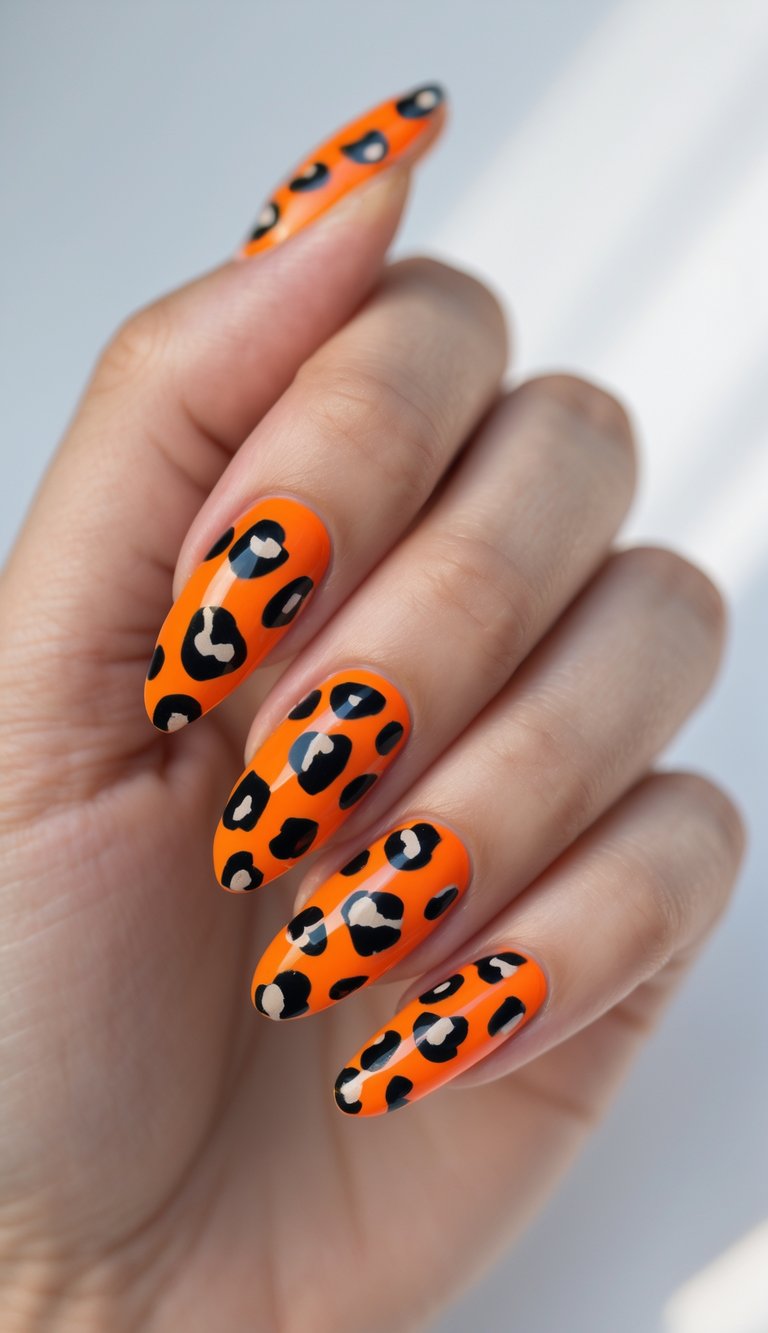 Close-up of one hand showing orange nails with black leopard print on a white background.