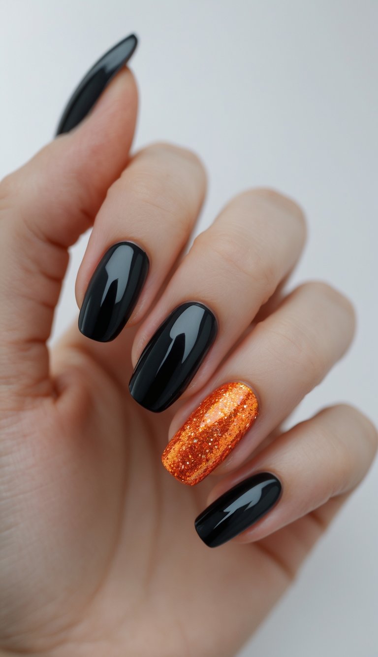 Close-up of one hand with black nails and an orange glitter accent nail against a white background.