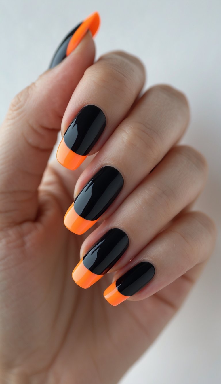 Close-up of a hand with black nails and neon orange tips against a white background.