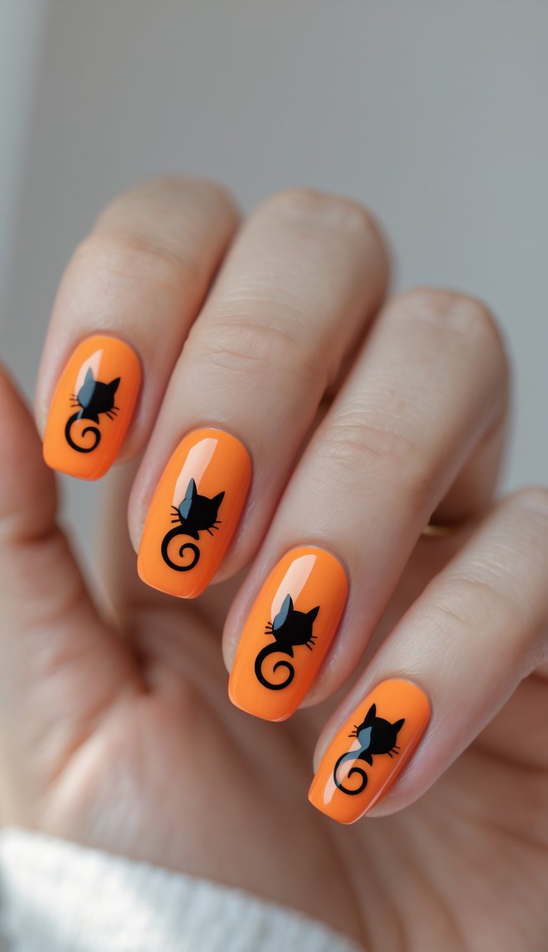 Close-up of one hand with orange nails featuring black cat silhouettes against a white background.