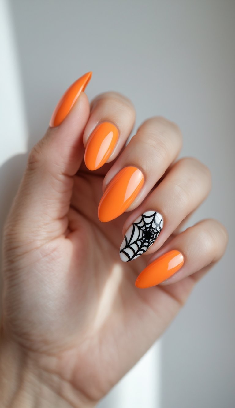 Close-up of a hand with orange nails and a black spider web design on the ring finger against a white background.