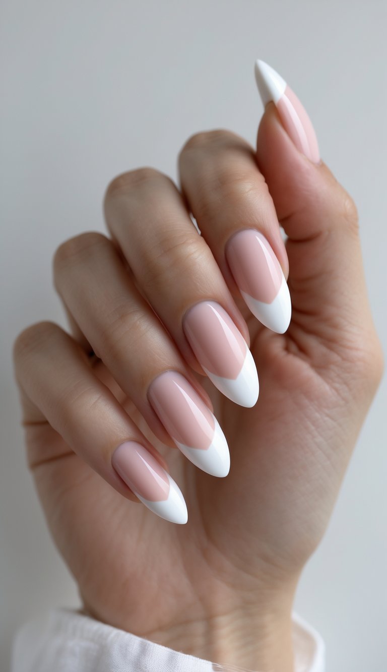 Close-up of one hand with almond-shaped nails featuring French tip nail art against a white background.