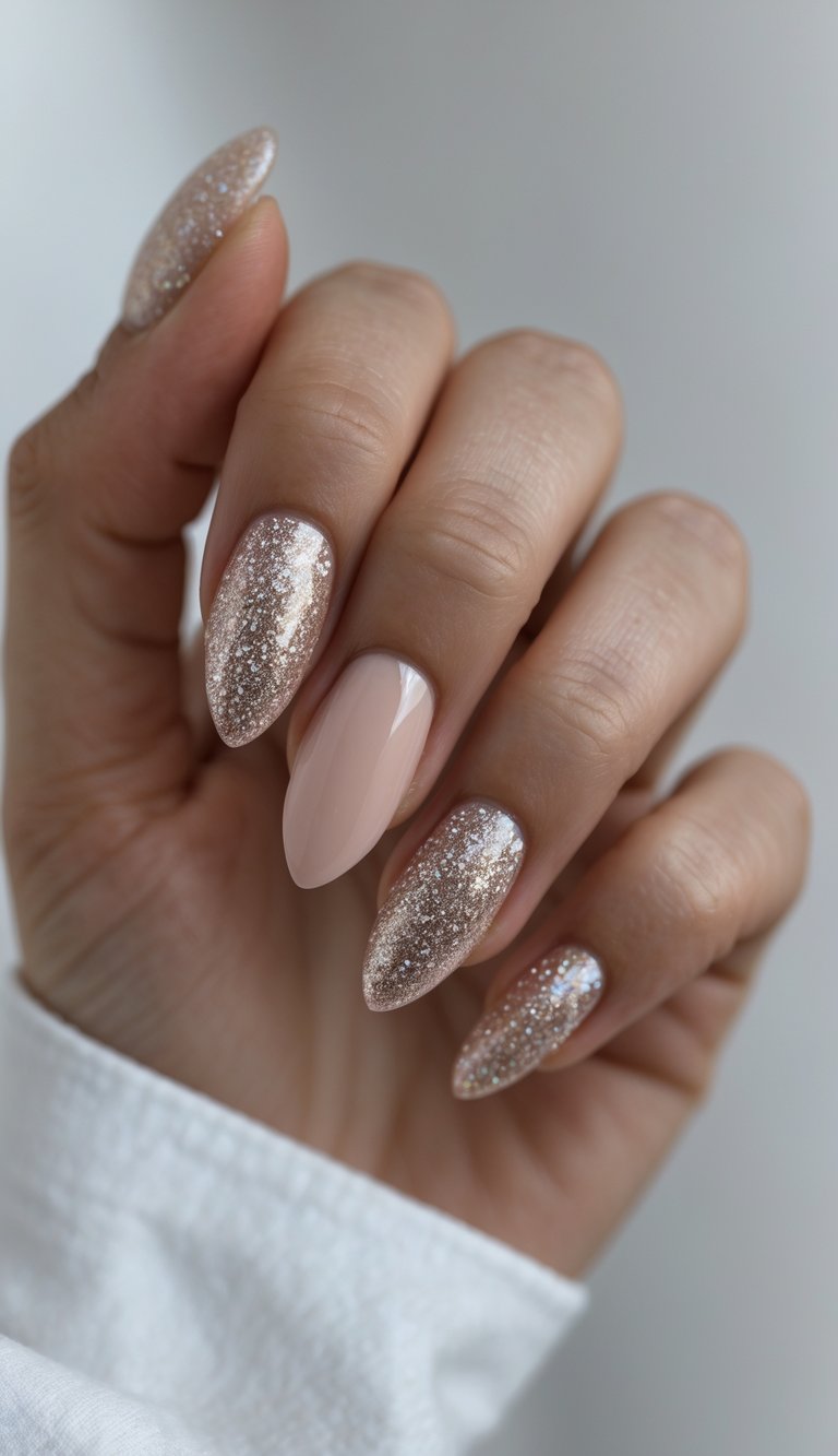 Close-up of one hand with almond-shaped nails, featuring a glitter accent nail against a white background.