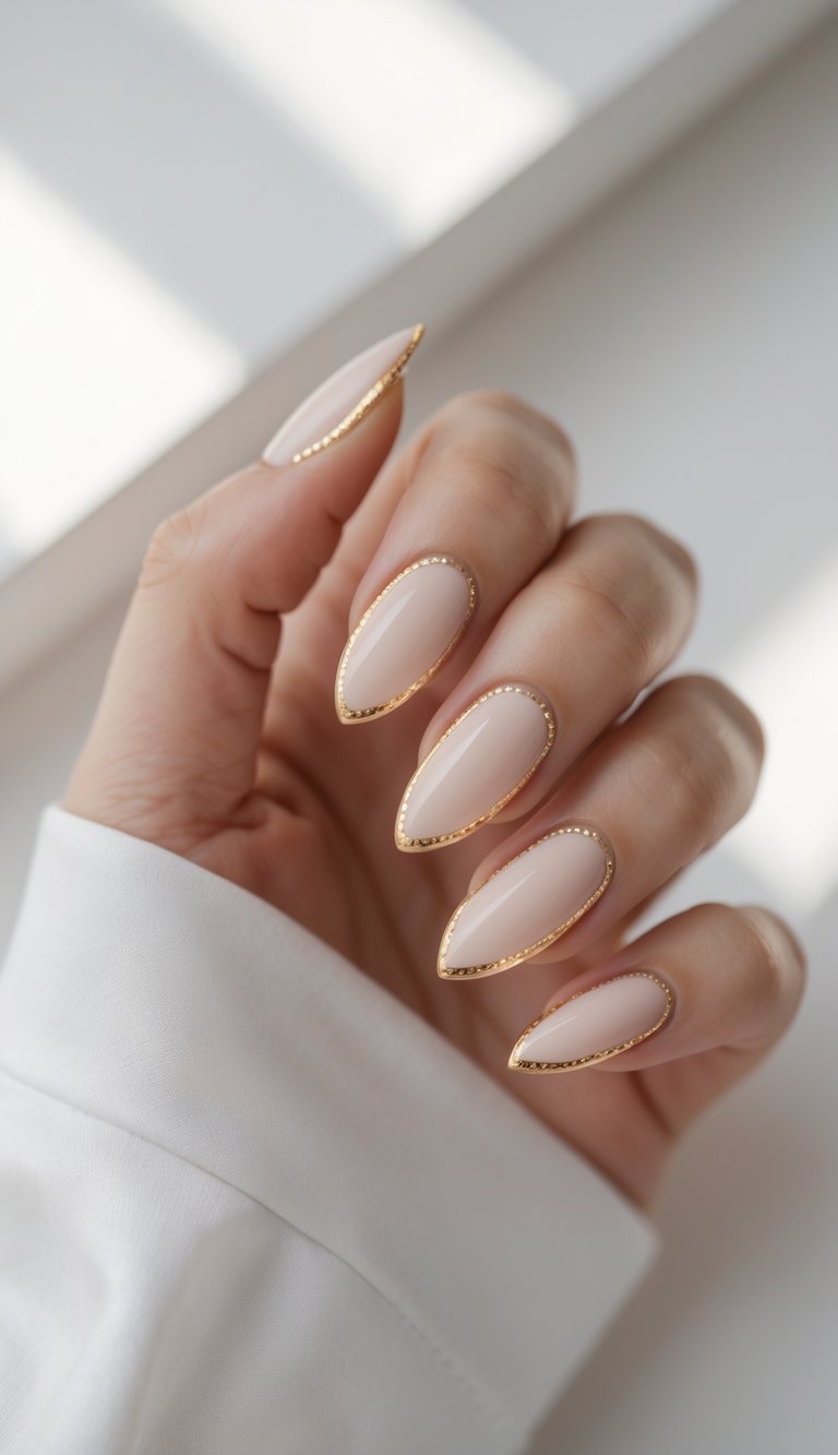 Close-up of one hand with almond-shaped nails featuring French tips outlined in gold against a white background.