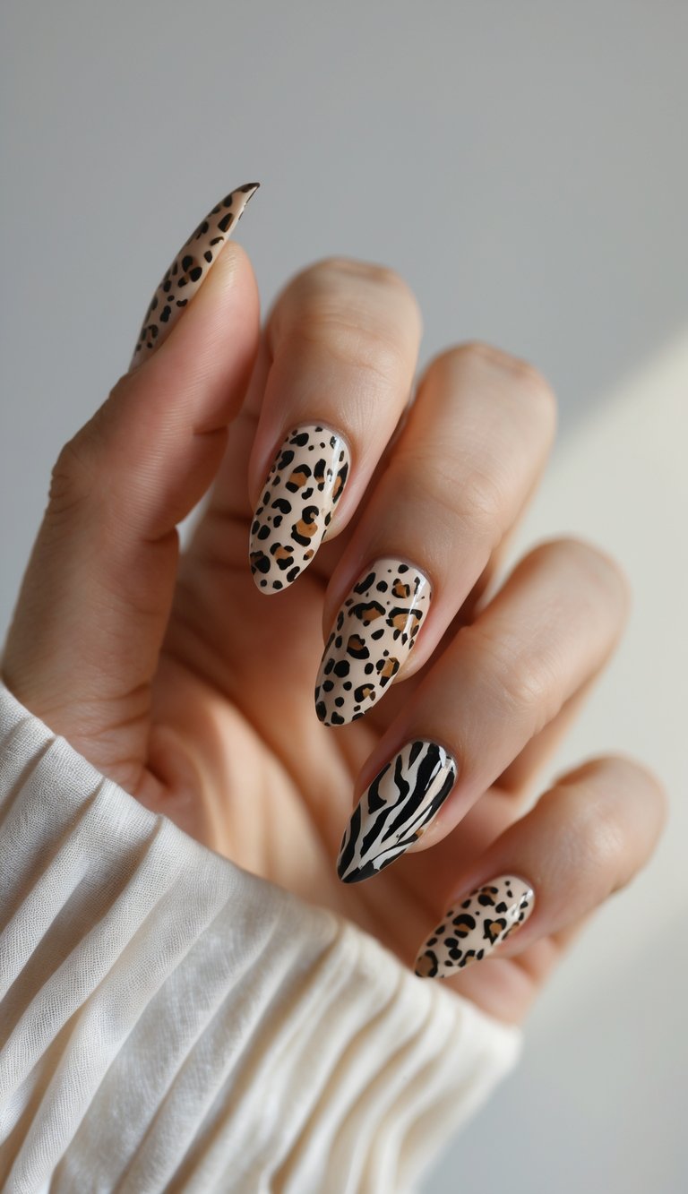 Close-up of one hand showing almond-shaped nails with animal print designs on a white background.