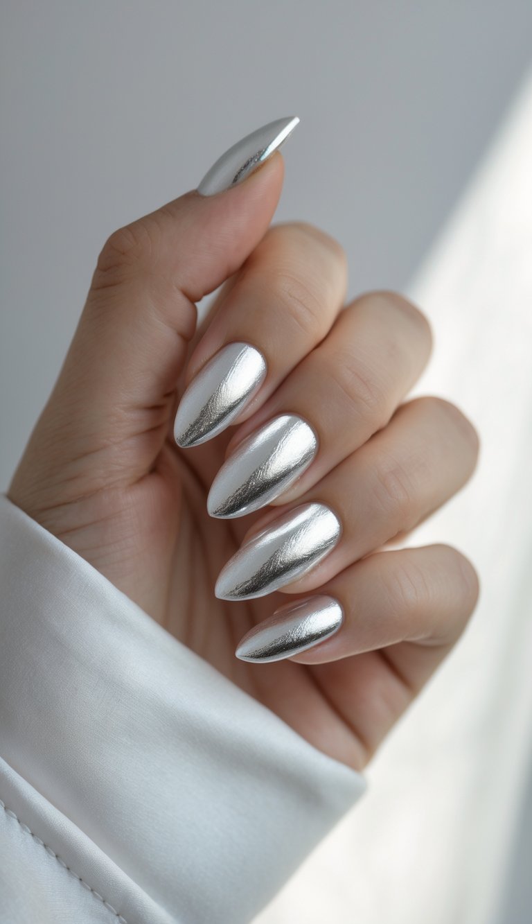 Close-up of one hand with metallic silver almond-shaped nails against a white background.