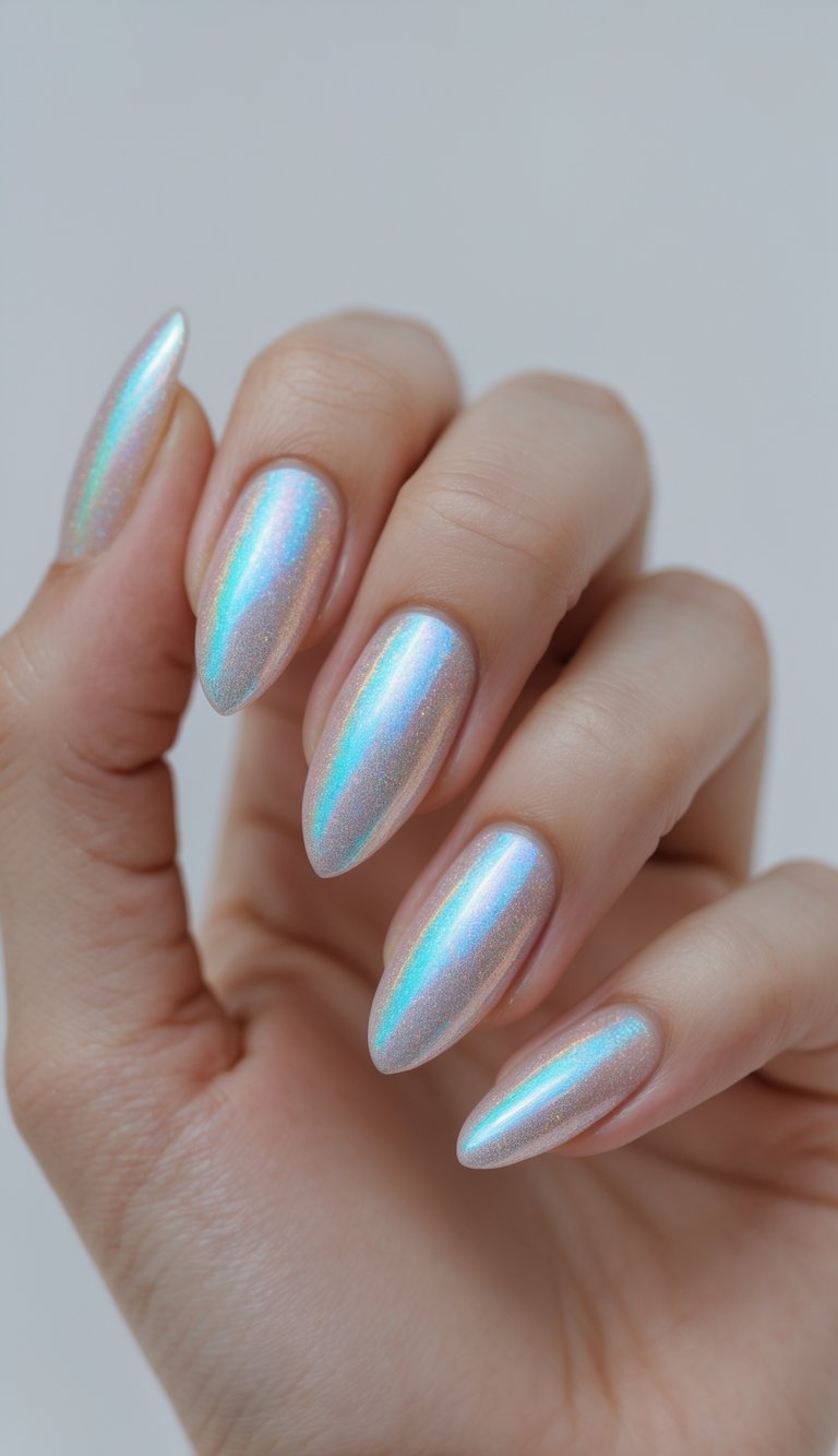 Close-up of one hand with almond-shaped holographic nails against a white background.