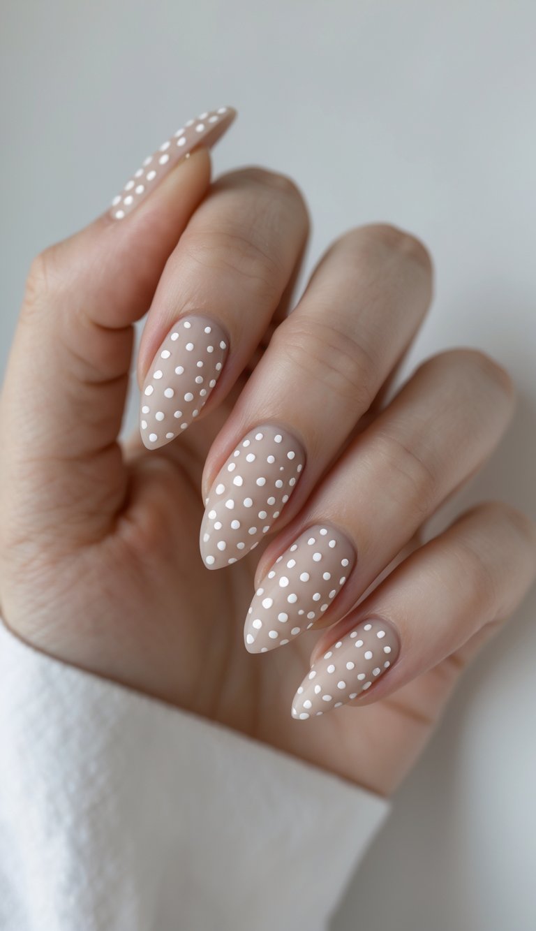 Close-up of one hand with almond-shaped nails decorated with polka dot nail art against a white background.