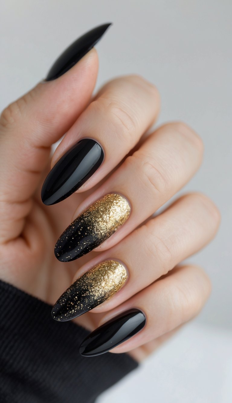 Close-up of one hand with black nails and gold glitter gradient nail art against a white background.