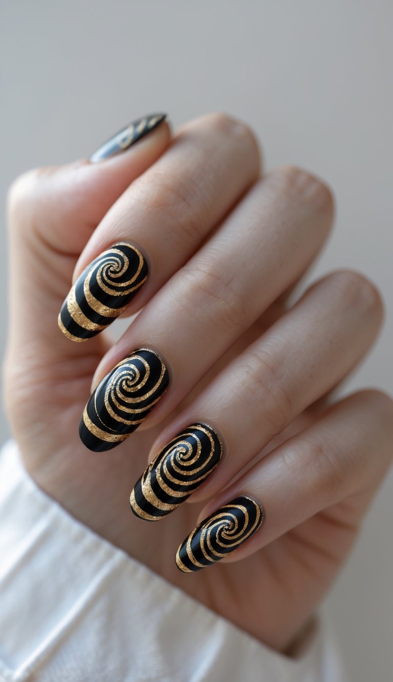Close-up of one hand showing nails painted with black and gold swirl patterns against a white background.