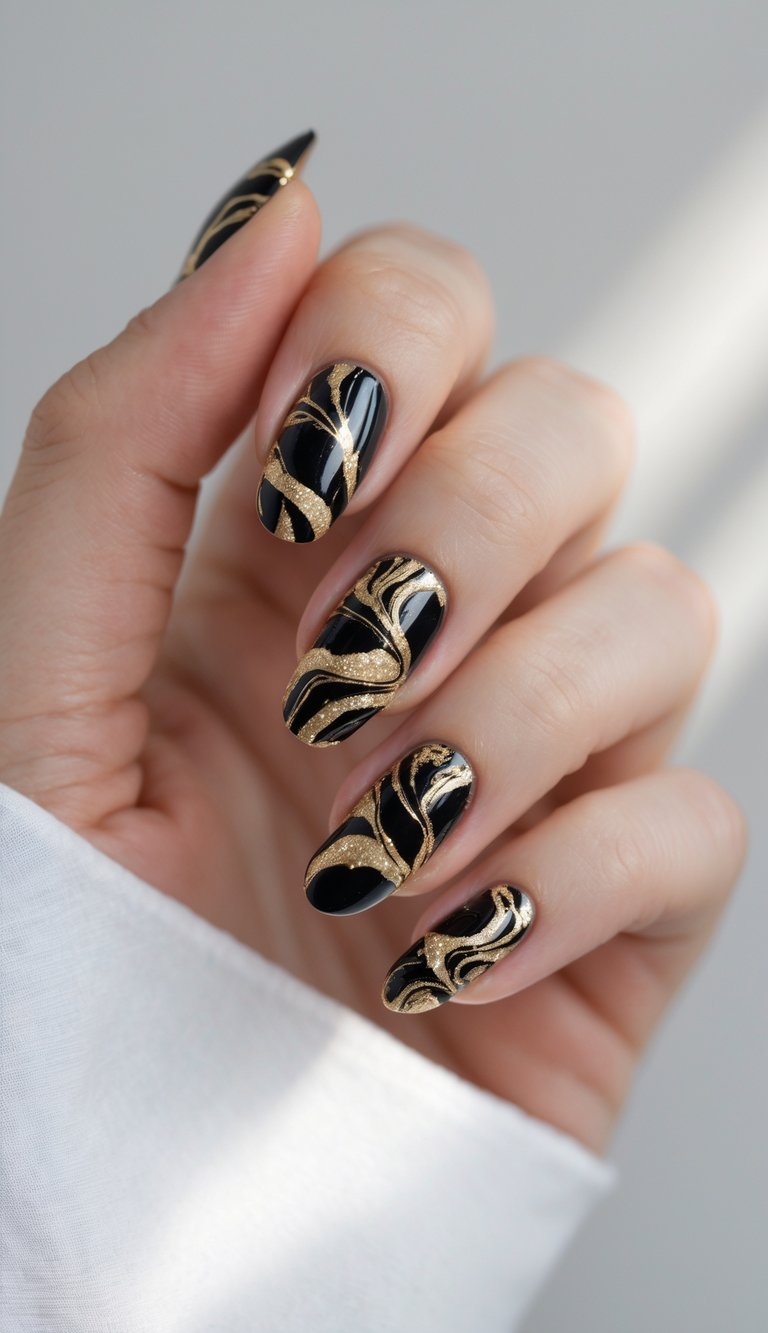 Close-up of one hand with black and gold marble patterned nails against a white background.