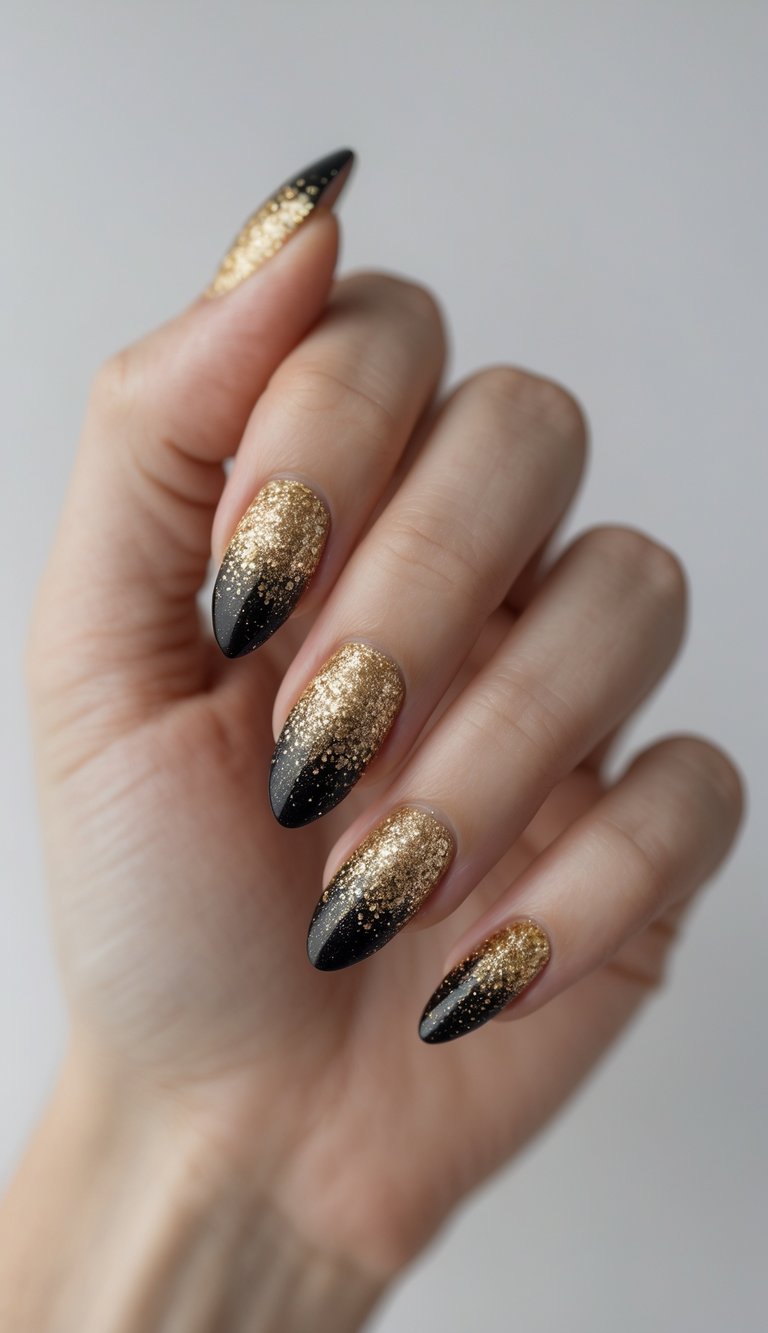 Close-up of one hand with almond-shaped nails painted black with a gold glitter gradient on a white background.