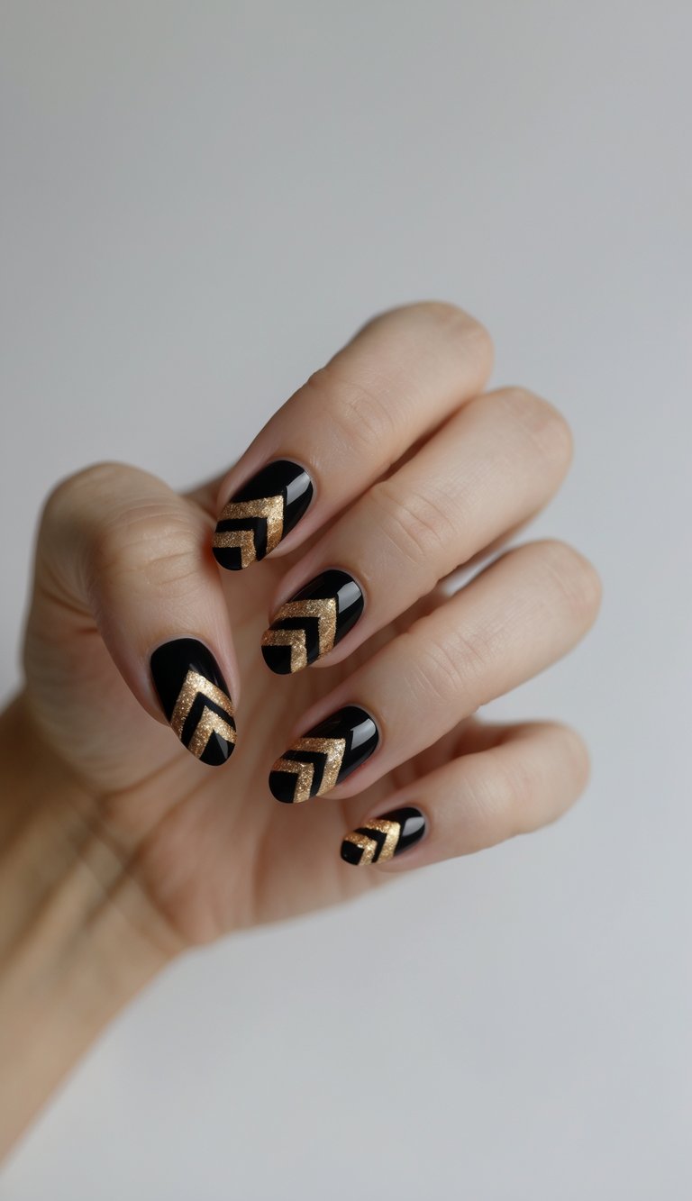 Close-up of a hand with black nails featuring gold chevron patterns on a white background.