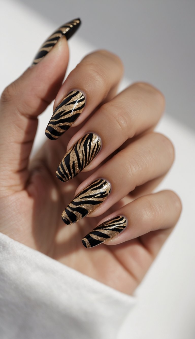 Close-up of one hand with black and gold zebra print nails against a white background.