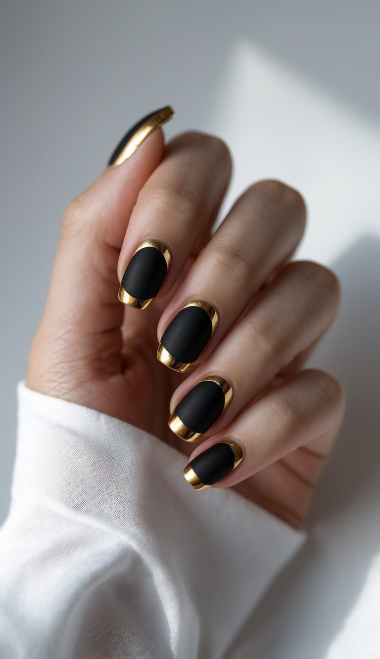 Close-up of a hand with black nails and gold tips against a white background.