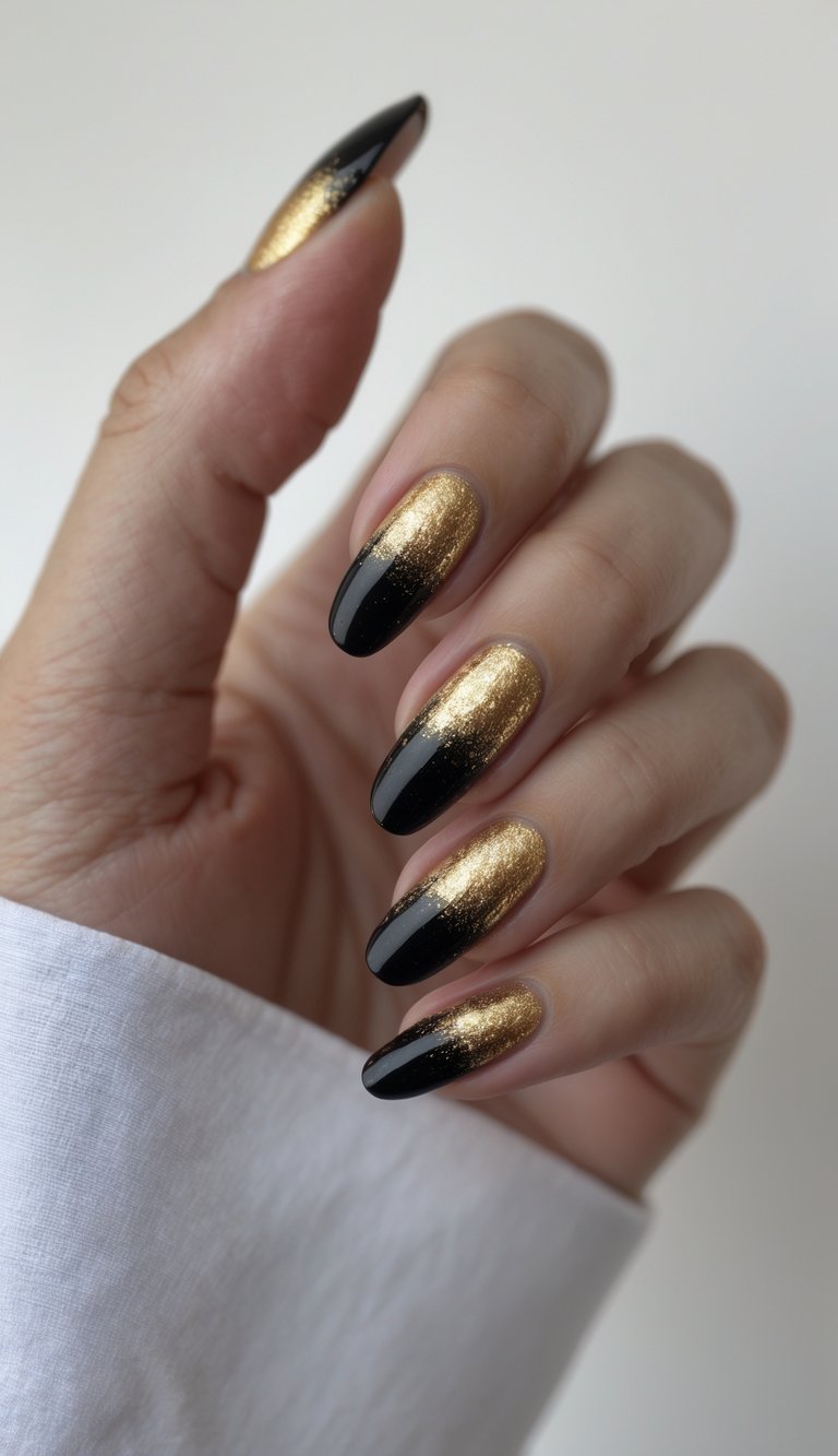 Close-up of one hand with black nails featuring gold powder ombre on a white background.