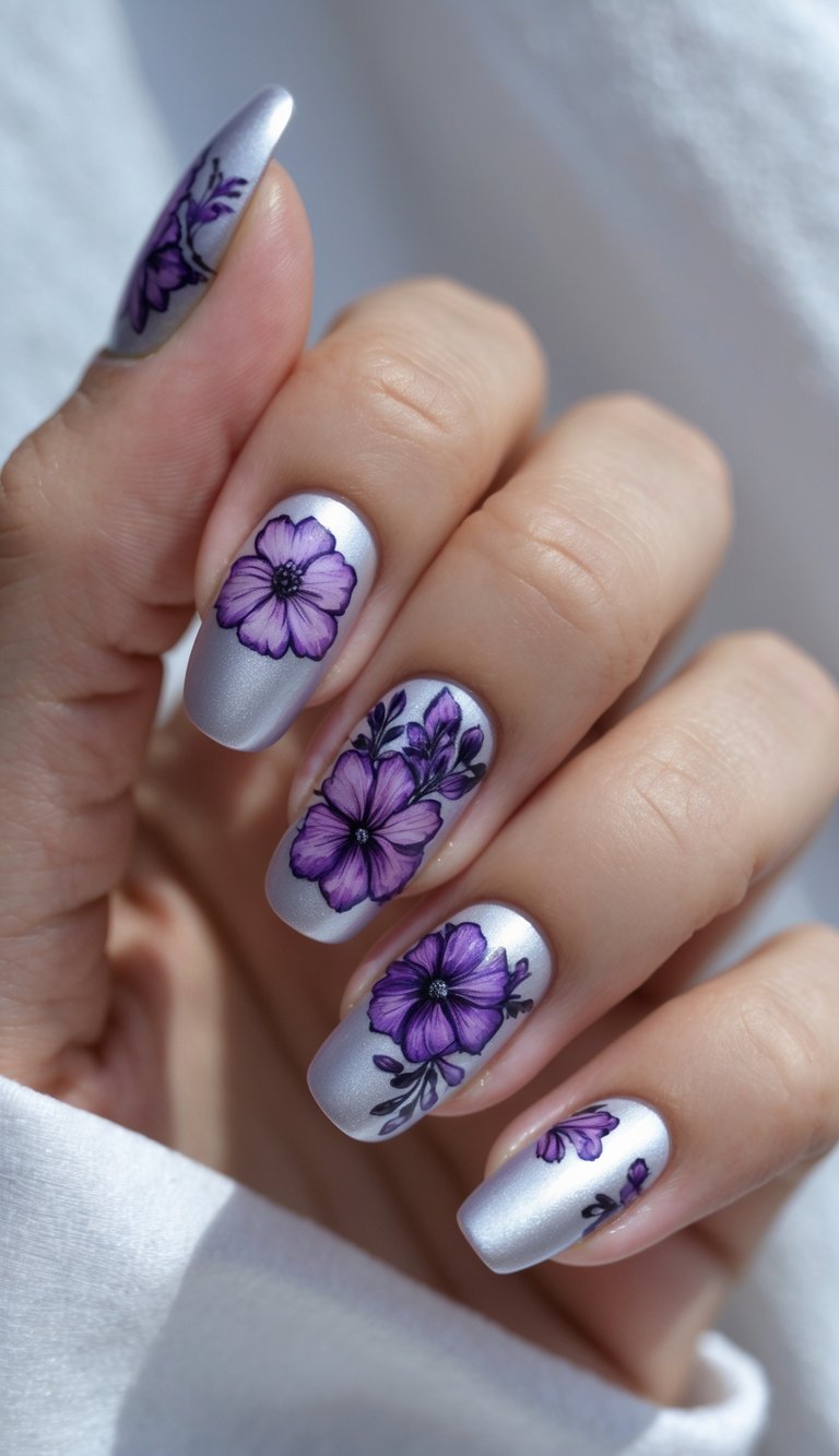 Close-up of one hand showing nails painted silver with purple floral designs against a white background.